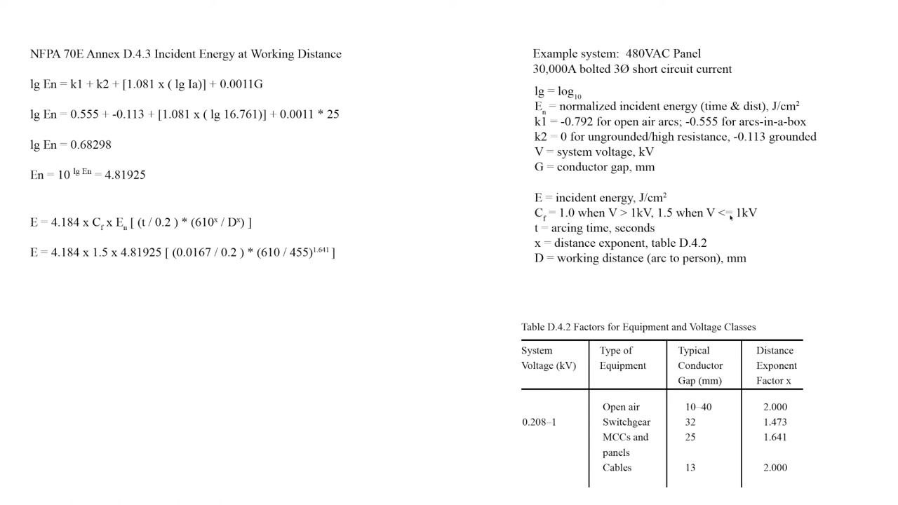 Screen showing the formula, constants, and Table D.4.2 for selecting the distance exponent and conductor gap for the system
