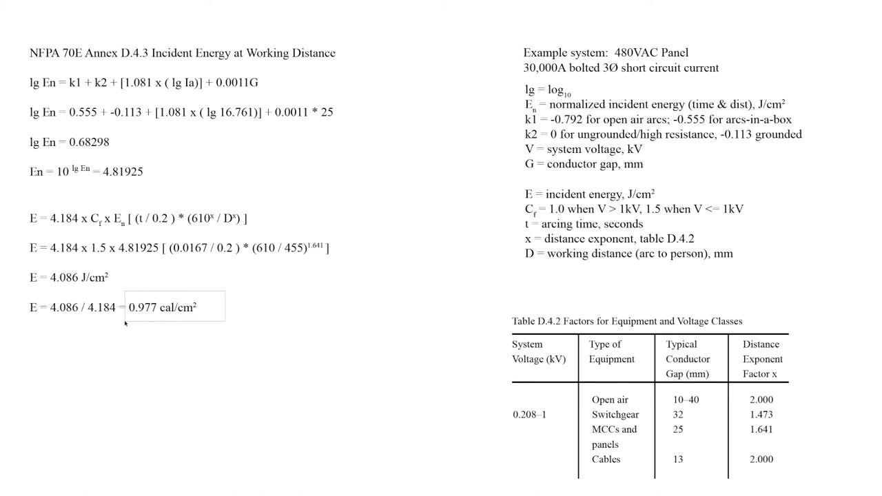 Screen showing the final calculation, conversion to calories per square centimeter, and the relevant table for conductor gap and distance exponent
