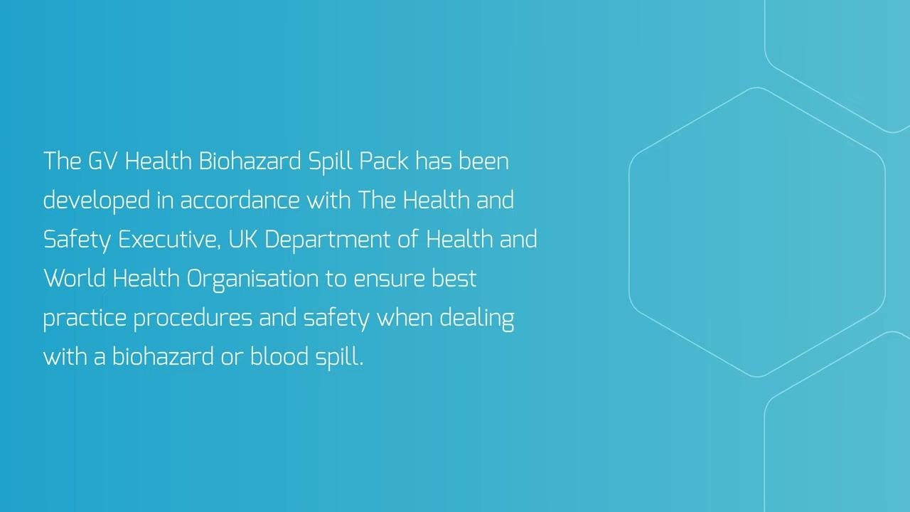 Title screen showing "MJZ003 How to use your Biohazard Spill Kit" with GV logo