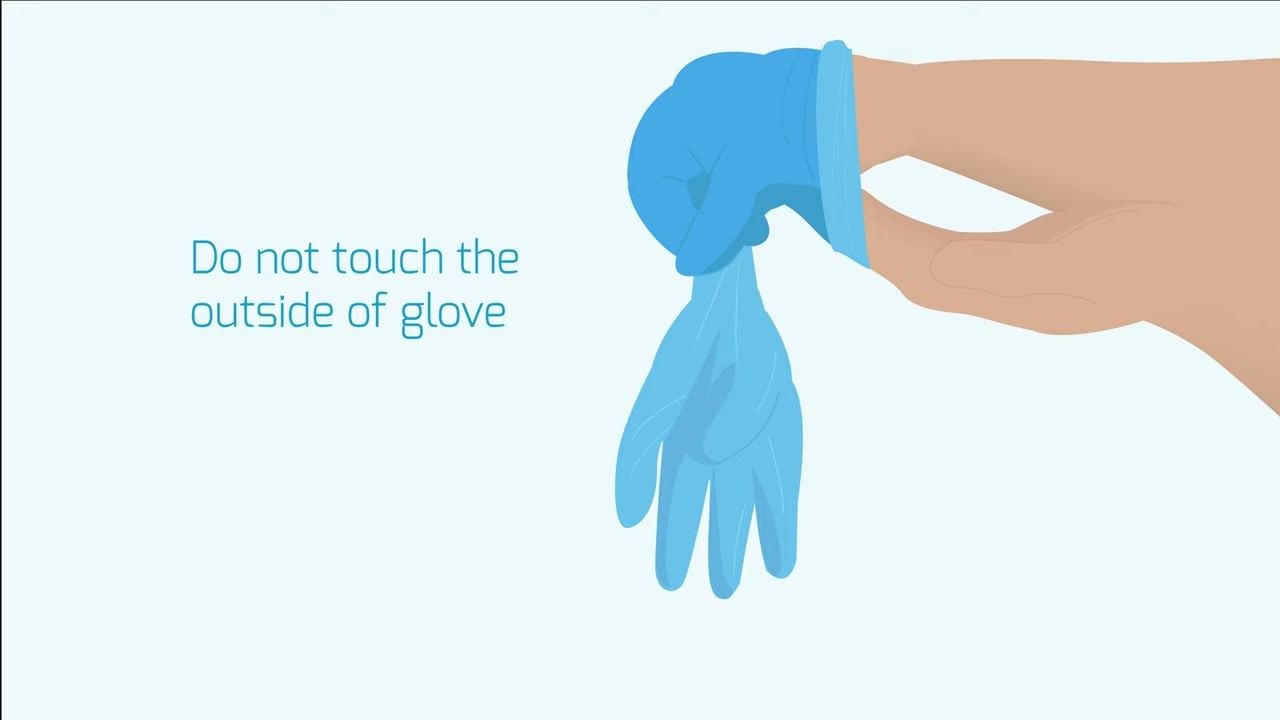 Illustration of a gloved hand removing the second glove by inserting fingers inside the cuff, labeled "Do not touch the outside of glove"