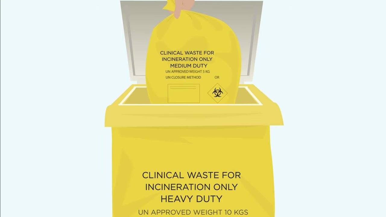 Person in scrubs breaking the waist straps of a white apron, labeled "Avoid contact with outside of apron"