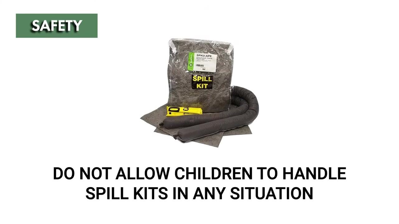 Person wearing gloves placing absorbent pads and socks around a chemical spill, demonstrating proper use of spill kit materials