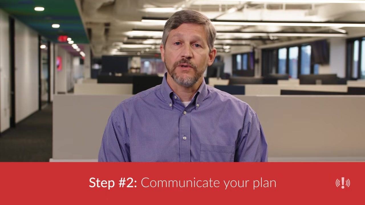 Overlay reading "Step #2: Communicate your plan" over an office setting.