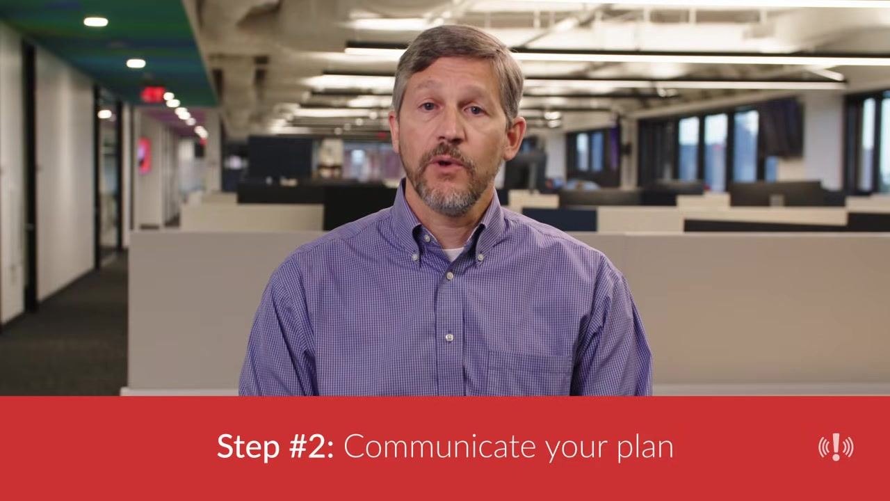 Presenter in an office with an overlay: "Step #2: Communicate your plan"