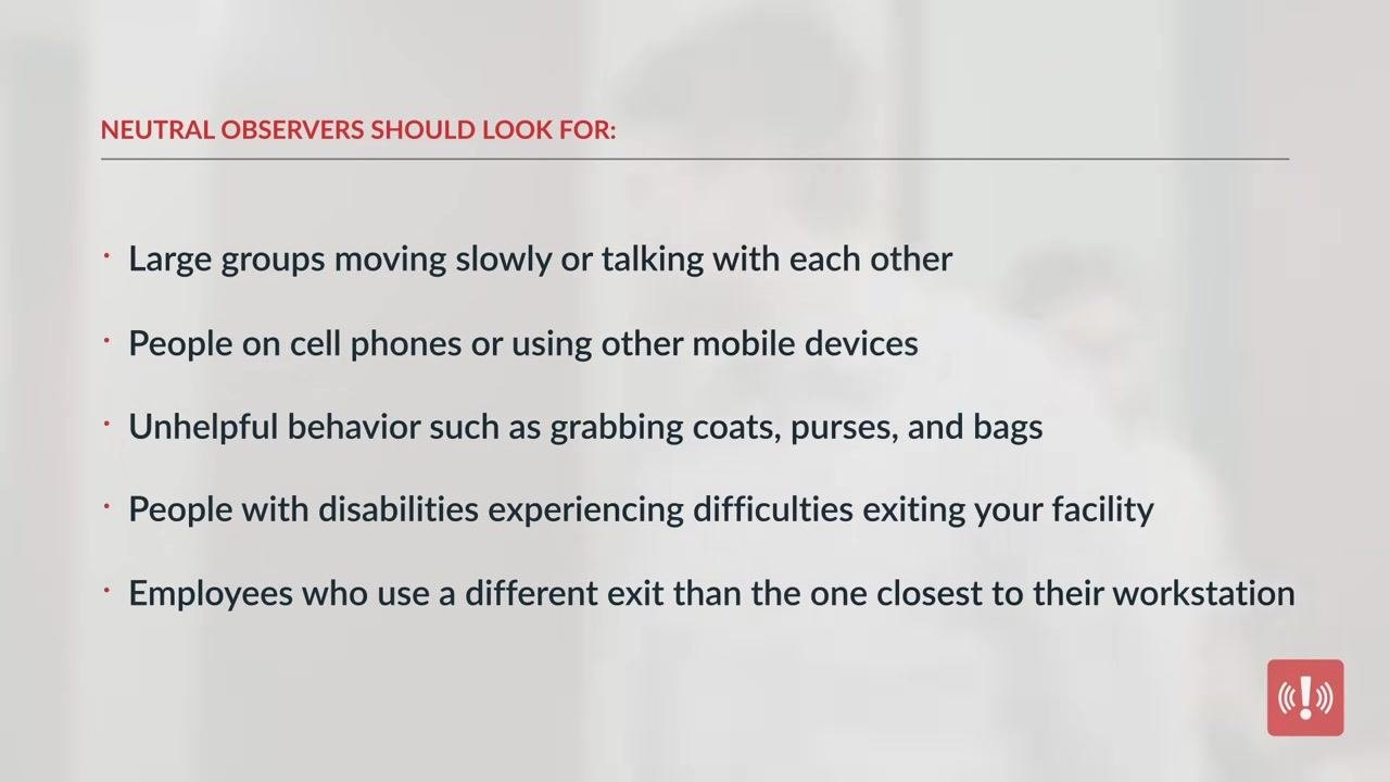 Slide listing what neutral observers should look for during a fire drill, including slow-moving groups, mobile phone use, unhelpful behavior, accessibility difficulties, and unexpected exit choices.