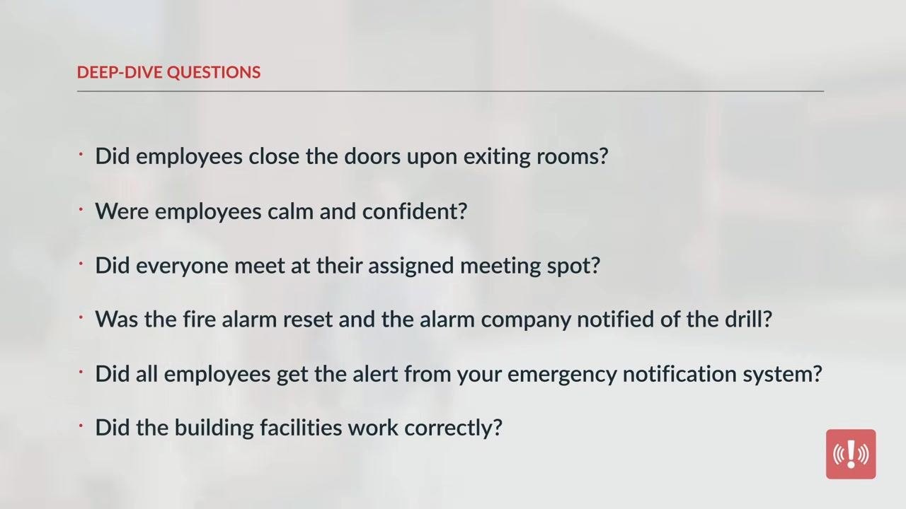 Slide listing additional deep-dive questions about the emergency notification system and building facility performance.