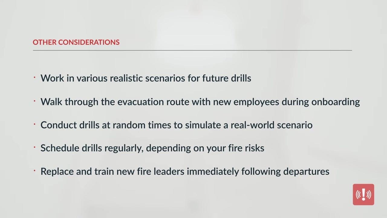 Slide titled "Other considerations," listing random drill timing, regular scheduling, and prompt replacement of fire leaders.