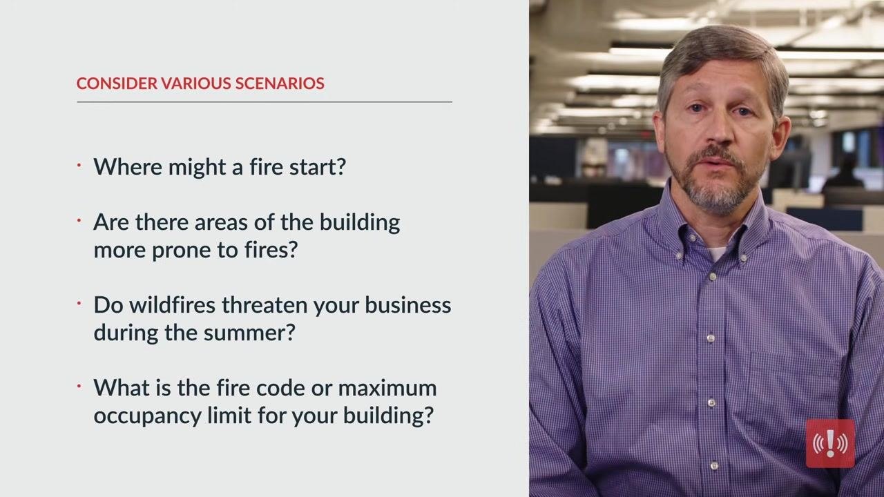 Slide listing fire-risk assessment questions: where a fire might start, whether certain areas are more prone to fires, whether wildfires threaten the business, and what the building's occupancy limit is.