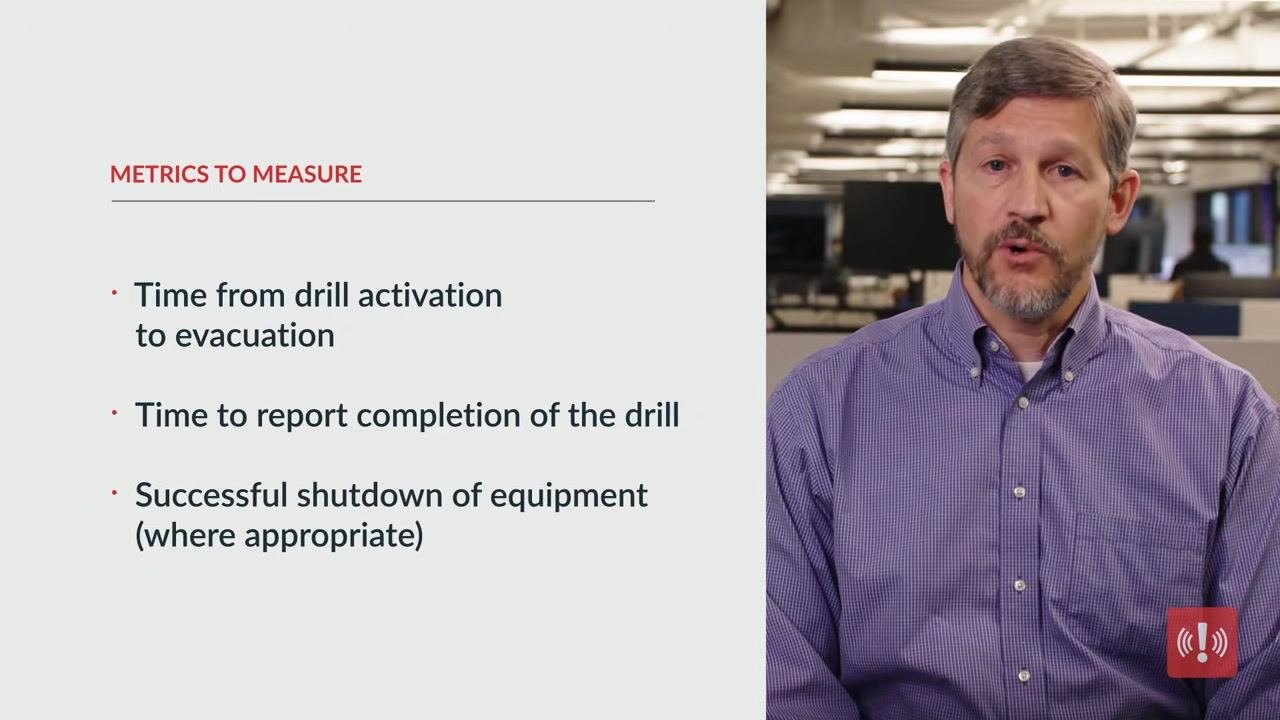 Presenter in an office, overlay: "Step #3: Set goals for your fire drill"