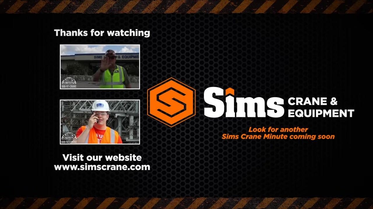End screen with "Thanks for watching", Sims Crane & Equipment logo, website URL, and preview images of other training videos.
