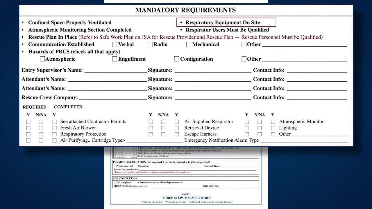 Confined space permit form showing all top fields, job location, job description, and the atmospheric monitoring section