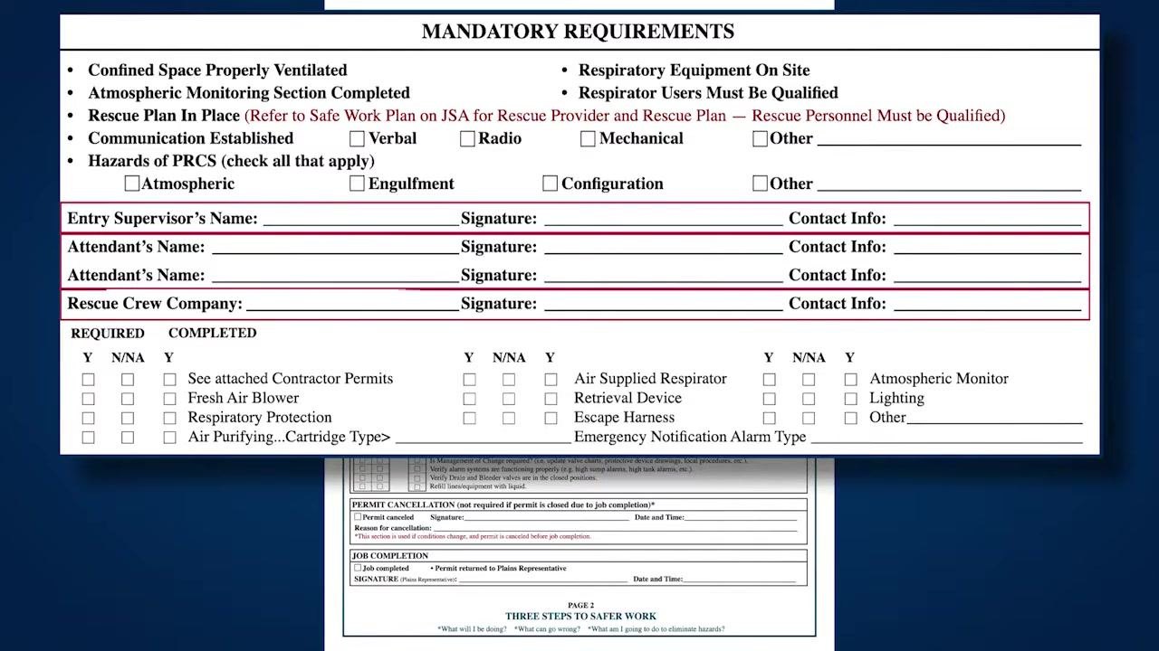 Section for the entry supervisor, attendants, and rescue crew company to print names, provide contact information, and sign