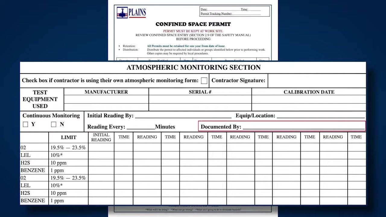 Atmospheric monitoring section of the confined space permit, showing equipment detail fields, monitoring requirements, and a table for up to 12 readings