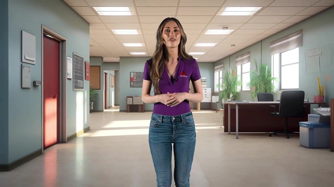 The safety trainer stands in the office, reinforcing the need for a reliable alarm system and regular employee training as part of the emergency action plan.