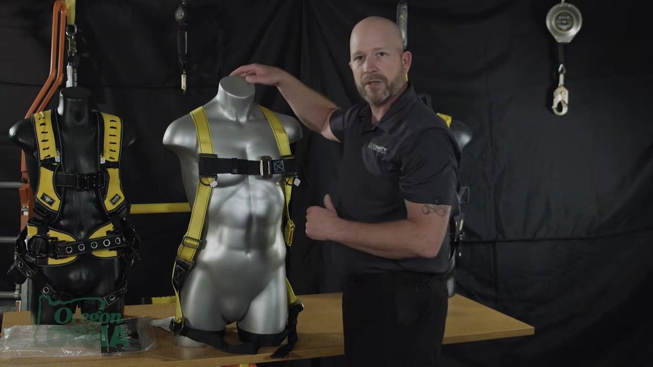 Pointing to the shoulder and chest area of a mannequin, highlighting the crossover effect of the harness straps