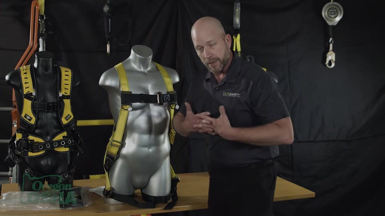 Gesturing toward a harnessed mannequin while explaining how fall forces are distributed