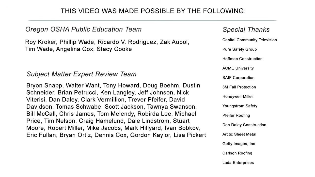 Screen listing Oregon OSHA Public Education Team, Subject Matter Expert Review Team, and Special Thanks to various organizations and individuals.