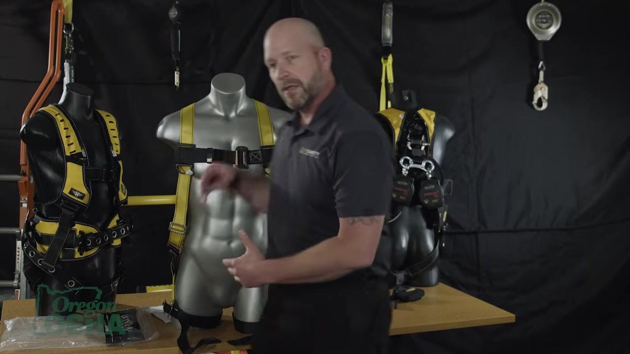 A mannequin wearing a yellow safety harness, showing the absence of excess strap tail after adjustment