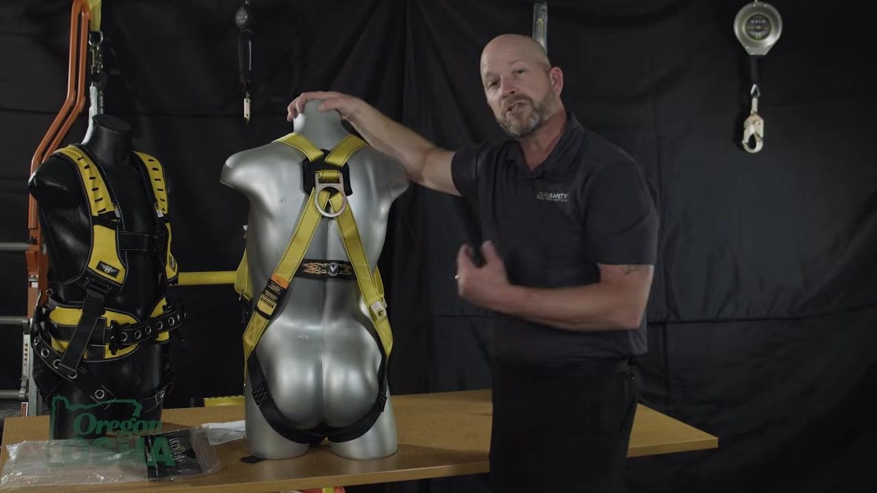 Pointing to the sub-pelvic strap beneath a mannequin's buttocks, with another harnessed mannequin visible nearby
