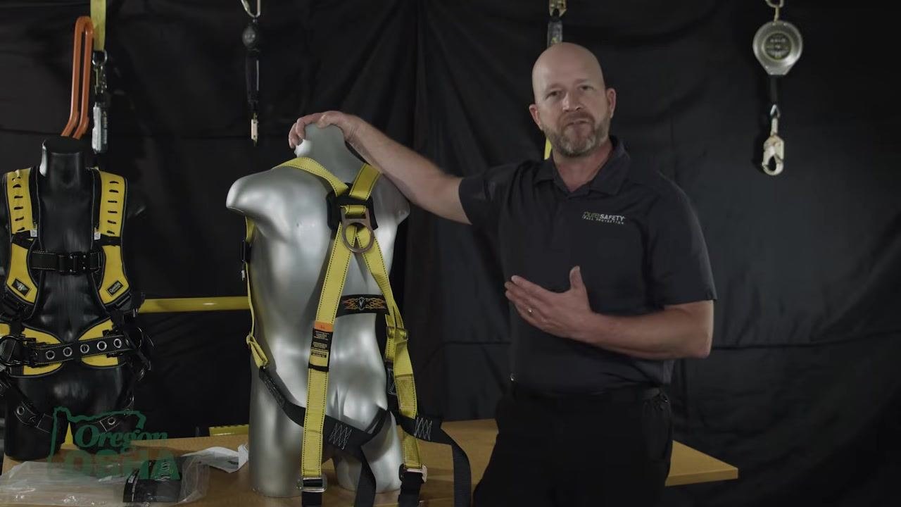Harness held against a mannequin, illustrating the importance of correct size and fit