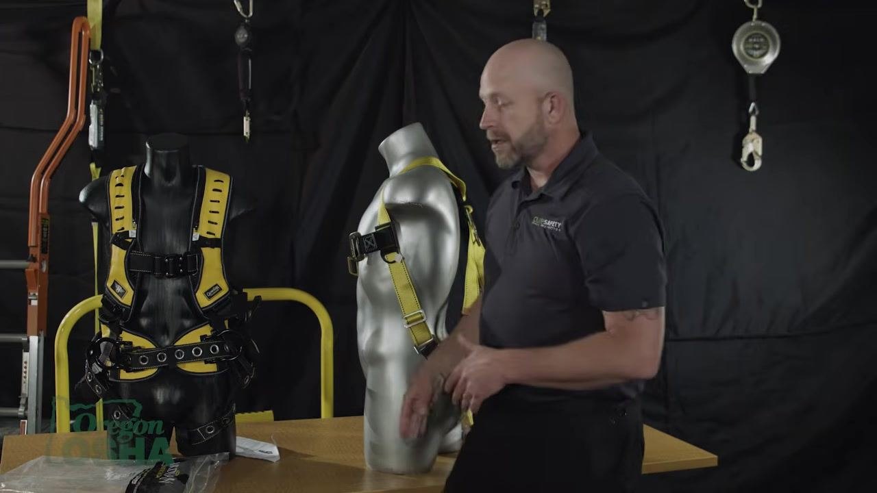 Quick-connect buckle on a harness, shown snapping and locking securely on a mannequin torso