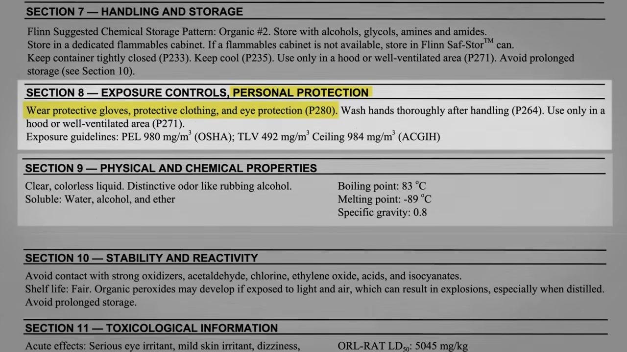 SDS Section 10 showing incompatible chemicals, shelf life, peroxide formation risk, and storage warnings
