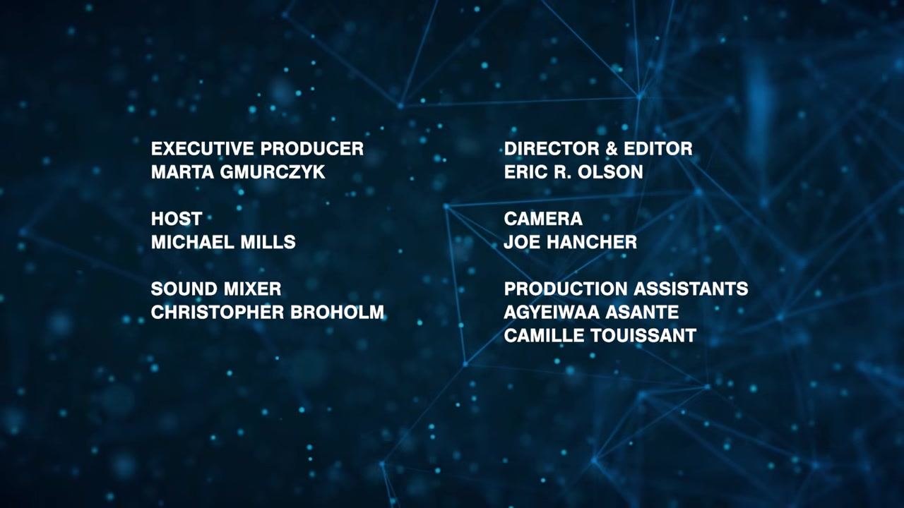End credits screen listing executive producer, host, sound mixer, director & editor, camera, and production assistants, with a digital blue background