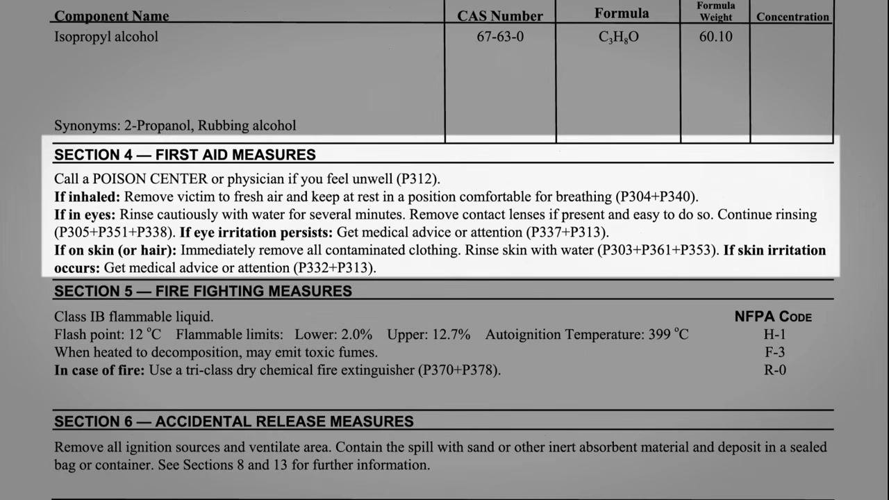 SDS section showing first aid measures for inhalation, eye, and skin exposure highlighted in yellow