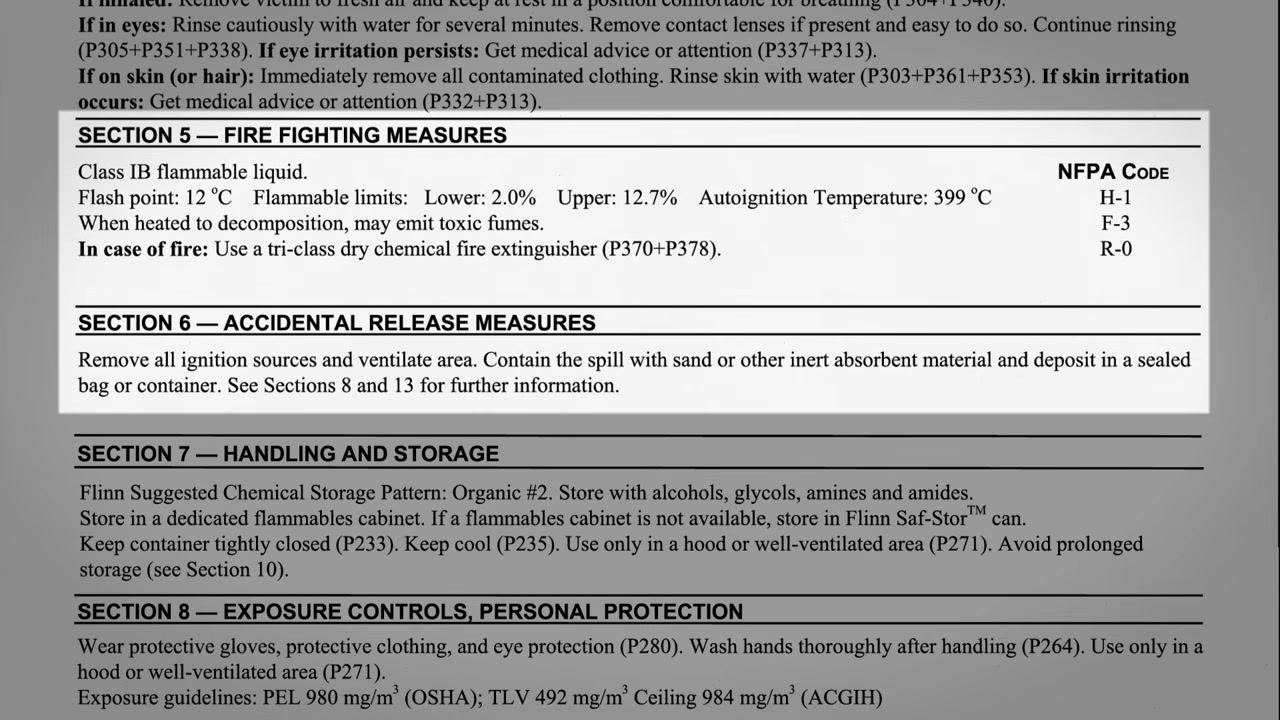 SDS Section 7 showing storage pattern, compatible chemicals, flammables cabinet requirement, and storage precautions