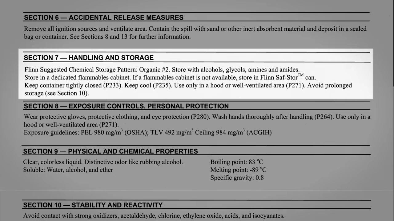 SDS Section 8 showing PPE requirements, hand-washing instructions, ventilation requirements, and exposure limits