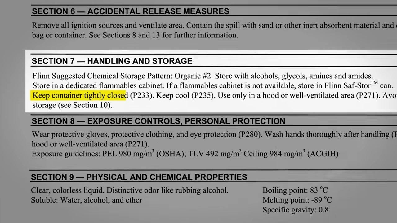 SDS Section 9 listing appearance, odor, solubility, boiling and melting points, and specific gravity