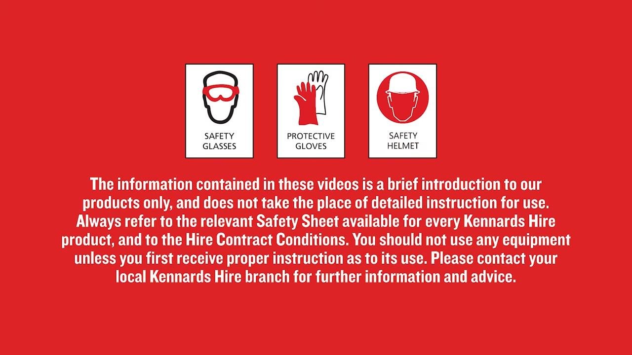 Safety reminder screen emphasizing the availability of instructions and support at Kennards Hire branches