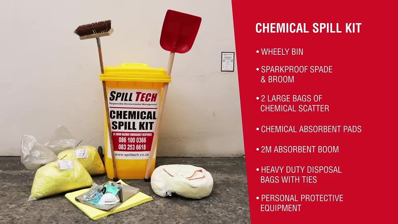Full contents of the Spill Tech Chemical Spill Kit displayed, including the yellow wheely bin, sparkproof broom and spade, absorbent bags, absorbent pads, absorbent boom, and PPE, with a text list of contents.