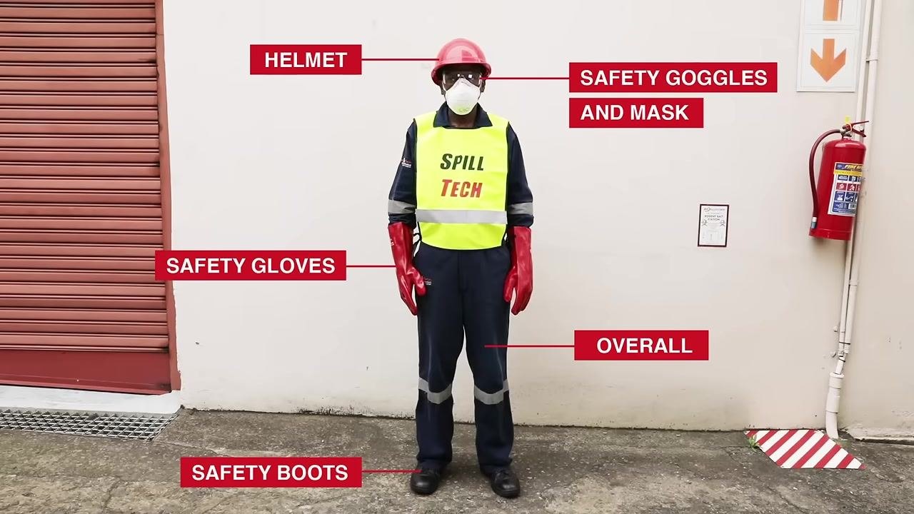 Person standing in full PPE with labeled items: helmet, safety goggles and mask, overall, safety boots, and safety gloves.