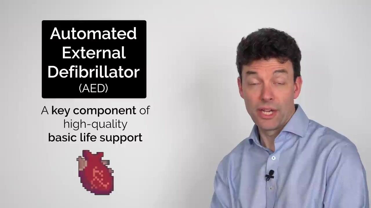 Screen displaying "How to use an Automated External Defibrillator (AED)" with a heart icon