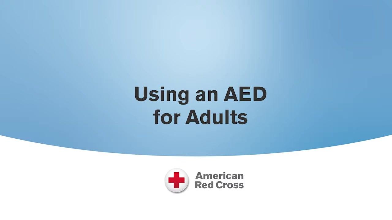 Title screen: "Using an AED for Adults" with American Red Cross logo