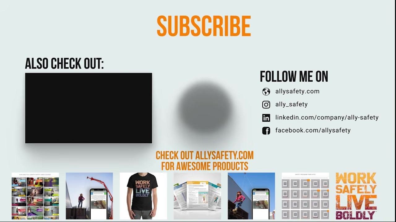 End screen with "SUBSCRIBE" in large orange text at the top center, a black video placeholder labeled "ALSO CHECK OUT:" on the left, social media and website links on the right, and a row of product/content images at the bottom.