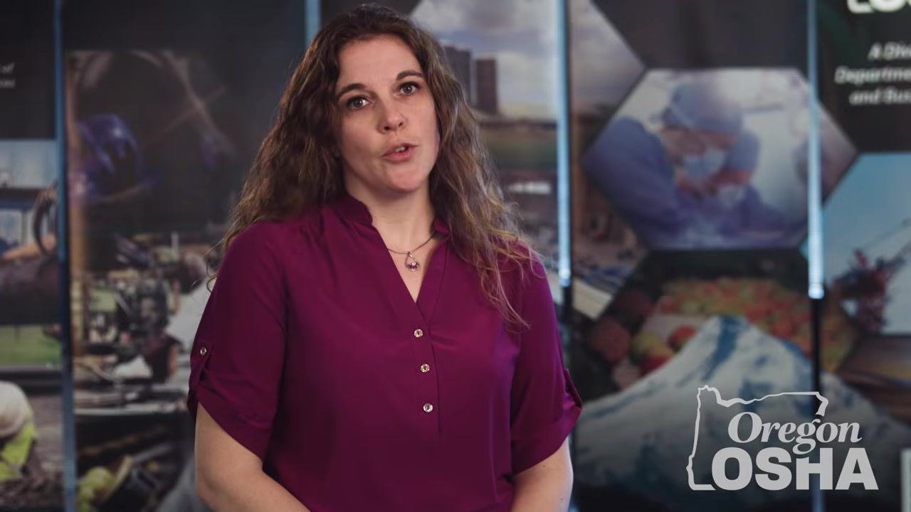 Presenter smiling, Oregon OSHA logo visible, informational background