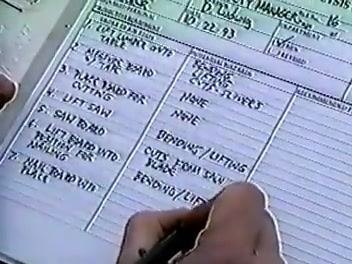 Close-up of a JSA worksheet with job steps listed in the first column, including "Lift lumber onto table" and "Measure board w/ tape."