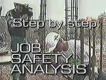 Screen with the text "Step by step JOB SAFETY ANALYSIS" overlaid on a construction site, showing workers in hard hats and rebar structures.