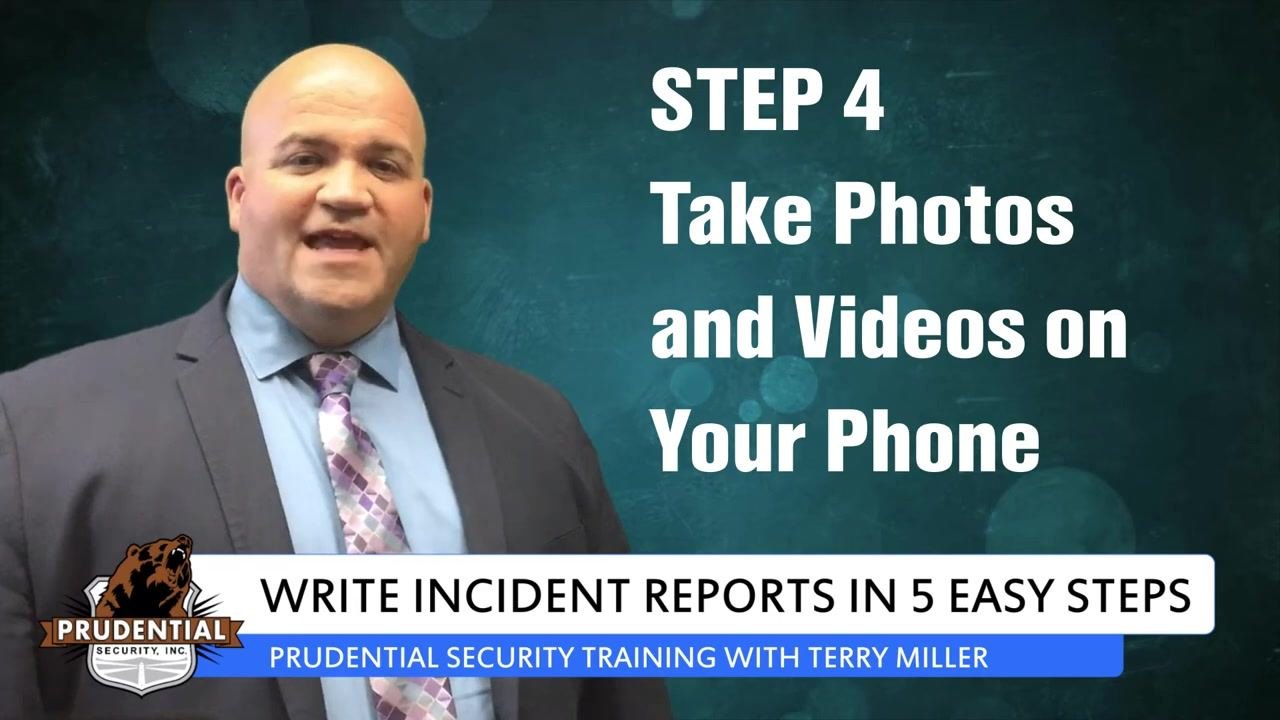 A security trainer stands beside on-screen text reading "Step 5: Be Professional," with a lower-third banner for the incident report writing training series.