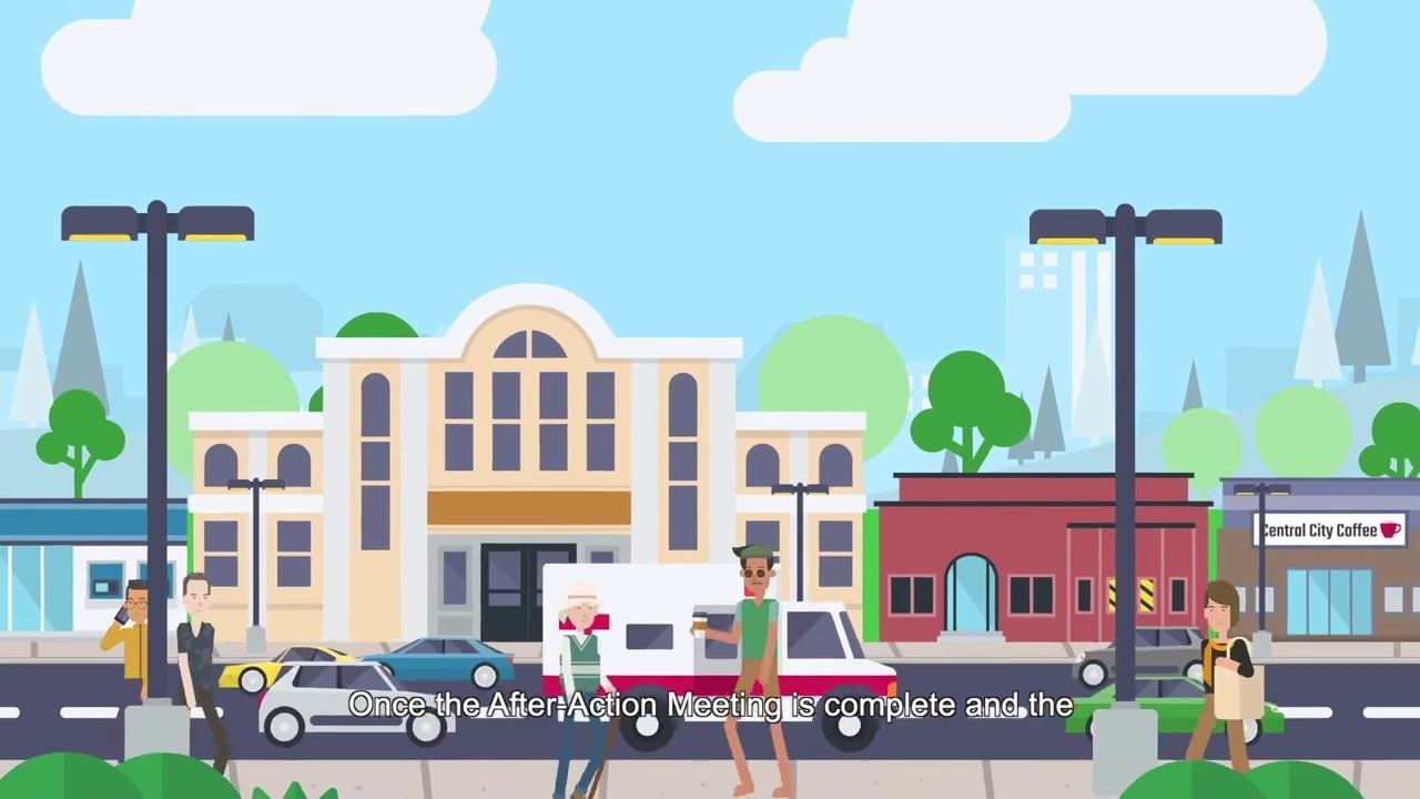 A town square with people, vehicles, and buildings, representing the community setting used to reach consensus on the report and plan.