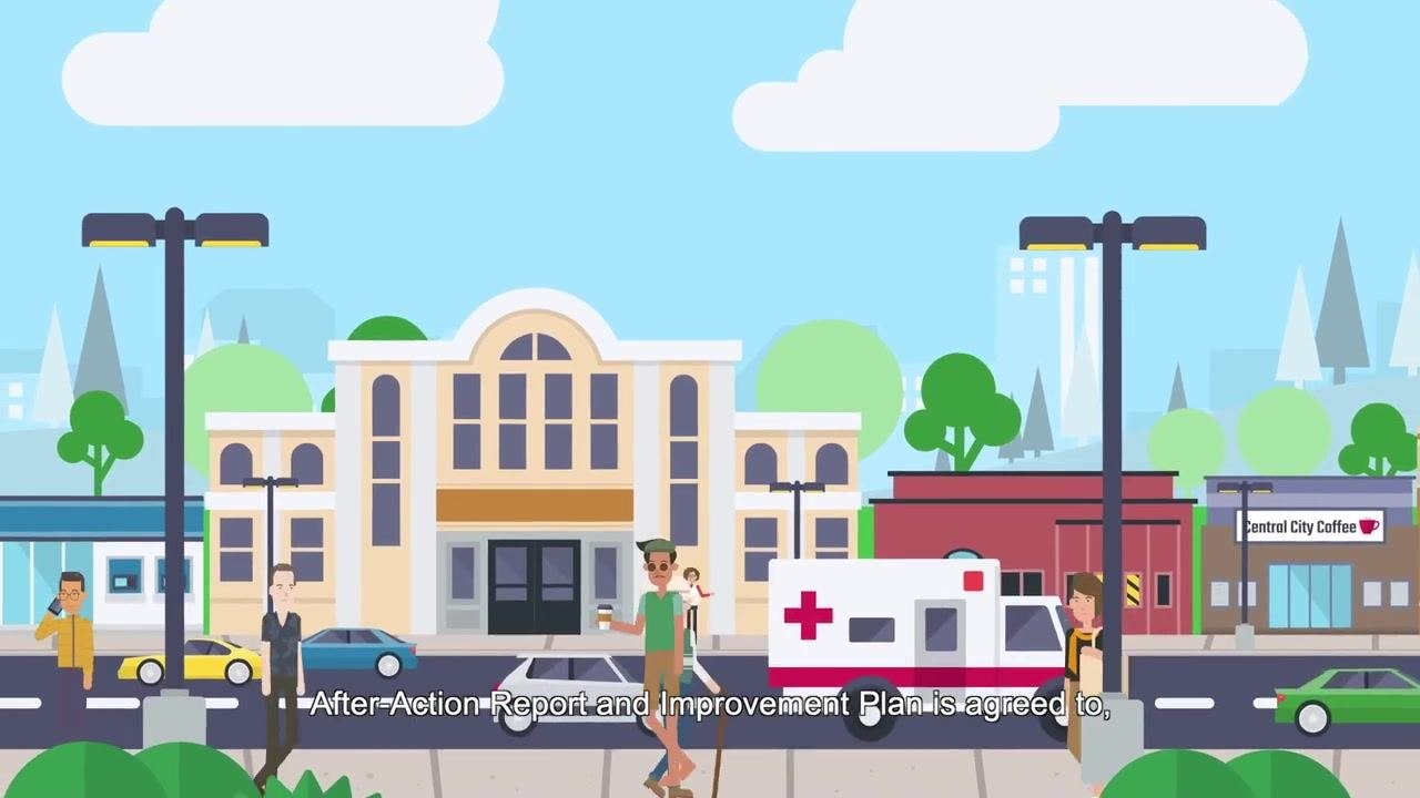 A community scene with an ambulance and residents, symbolizing the transfer of responsibility for corrective actions.