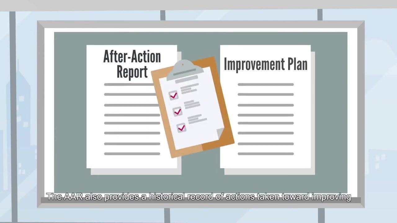 A coffee cup labeled "After-Action Report and Improvement Plans" beside a chocolate donut with sprinkles, symbolizing the completion and review process.