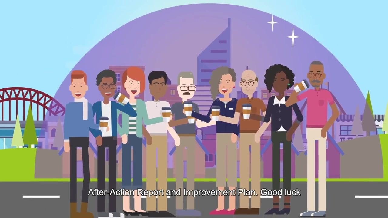 A diverse group of people standing together holding coffee cups, with a cityscape in the background, representing collaborative report development.