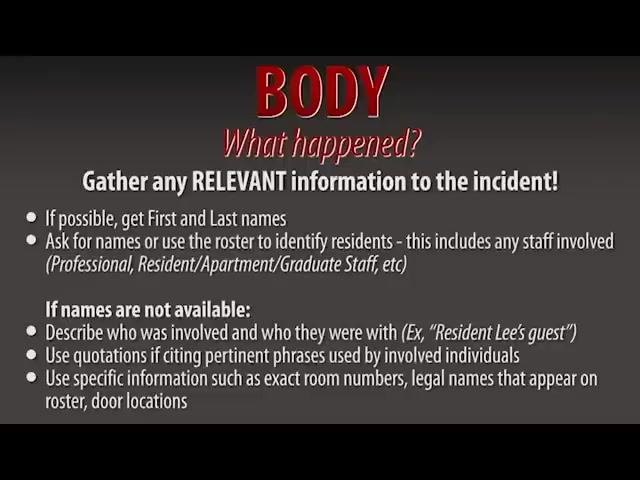 Screen showing the introduction template and instructions for writing in third person, including the required opening sentence for all incident reports.