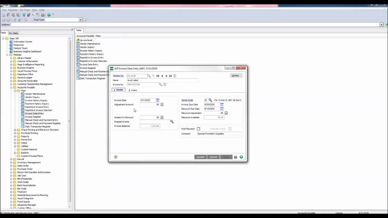 A/P Invoice Data Entry window, Header tab, with the Adjustment Amount field highlighted and $27.20 entered