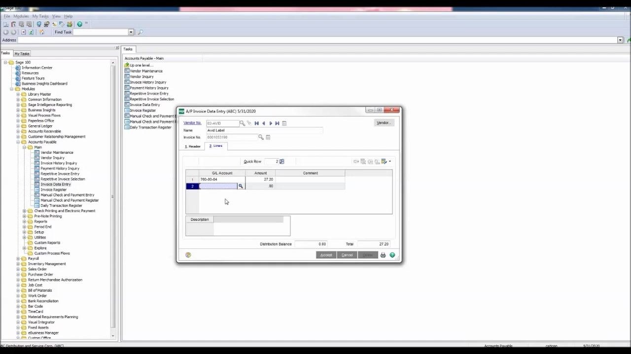 A/P Invoice Data Entry window, Lines tab, with GL Account 760-00-04 and Amount $27.20 entered