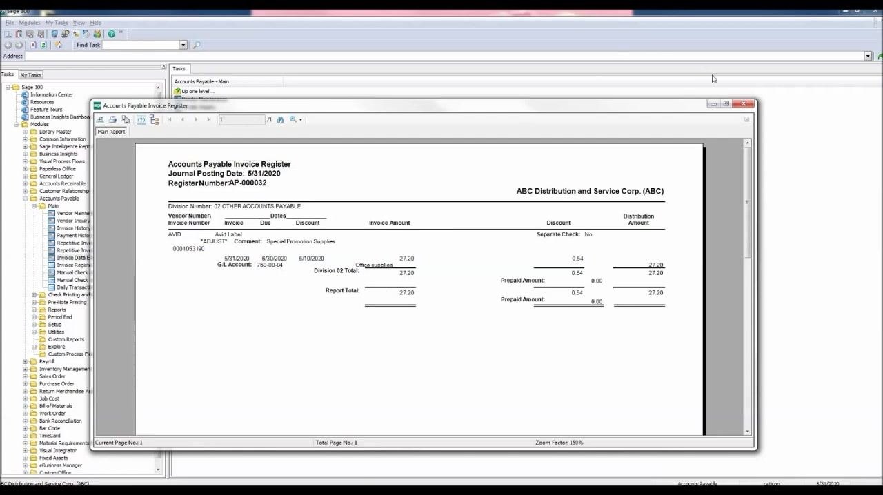 Accounts Payable Invoice Register report with the Recap by Division section showing debits and credits for the adjustment