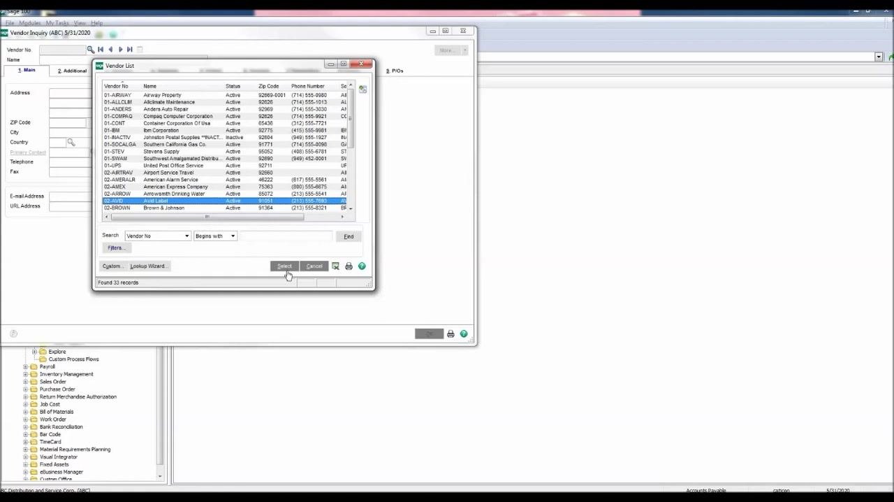 Vendor List window with 02-AVID selected and the Select button highlighted